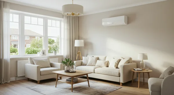 A bright, comfortable living room in a UK home with a sleek, modern wall-mounted air conditioner